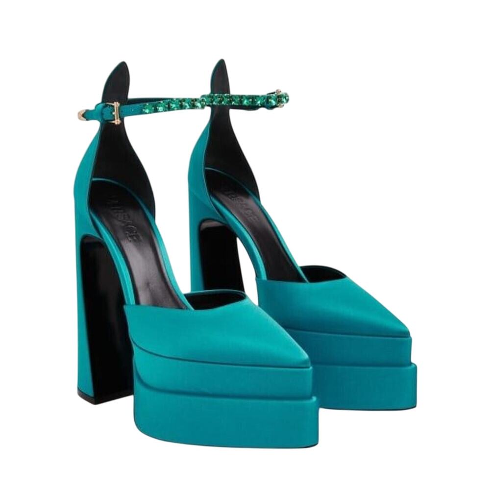 NIB Versace Aevitas 38.5 Pointed Platform Teal Blue Satin Crystal Pumps $1,575